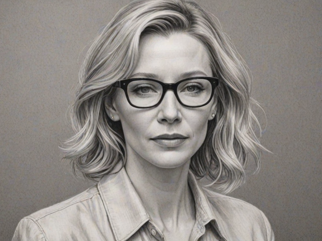 Gorgeous Cate Blanchett, pencil sketch, portrait of Captivating woman 1961s in glasses, hair style beatnik, outline, clear lines, fine lines, 8k
