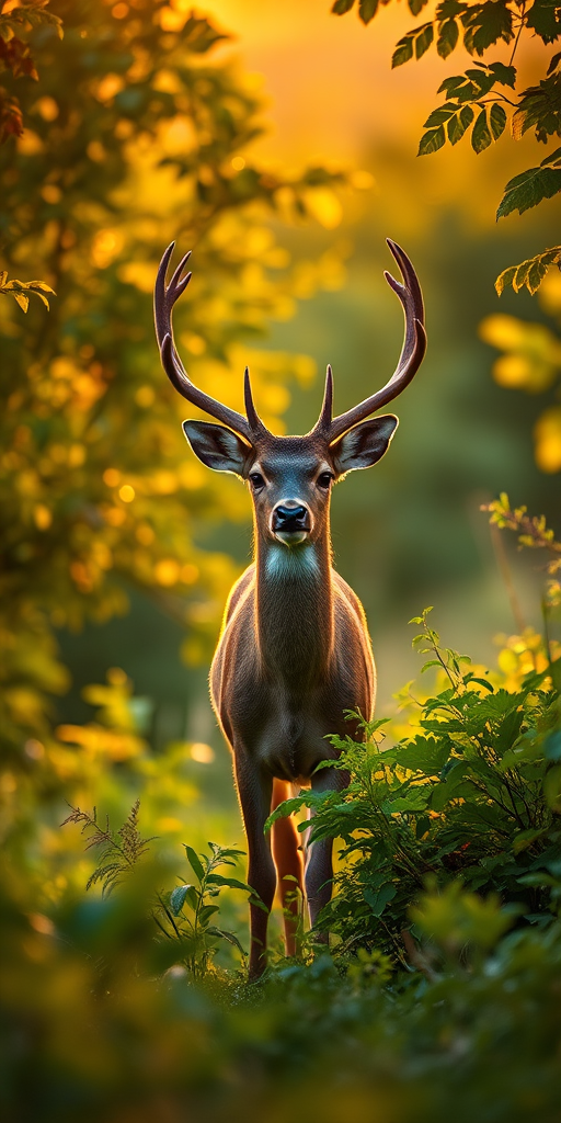Capture a majestic deer standing amidst lush greenery during golden hour, using a Canon EOS R5 with a 85mm f/1.4 lens, aperture set to f/2.8, ISO 200, and a shallow depth of field to enhance focus on the deer while softly blurring the background.