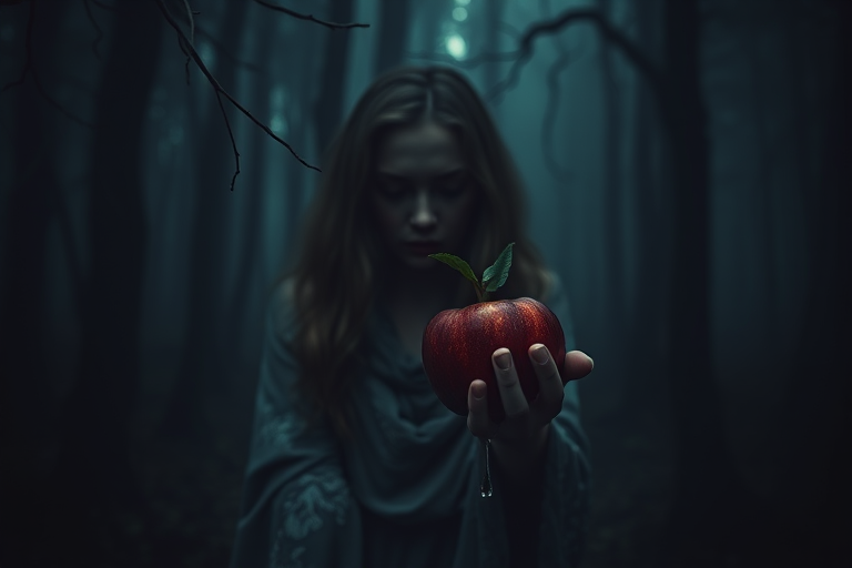 A mystical woman in a dark, foggy forest holding a dripping red apple, ethereal atmosphere, low light, soft focus, shot at 50mm, f/1.8 aperture, ISO 200, using a DSLR camera, dramatic shadows, cinematic style.