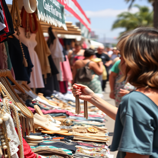 Bustling flea market on a sunny day, a woman browsing through vintage clothes and jewelry, excitedly holding up a unique find to show a friend.