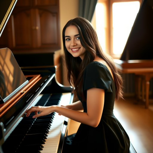 A young woman with long, dark hair smiles at the viewer as she sits at a grand piano, her right hand poised over the keys. The scene is lit by warm, natural light, highlighting the elegant simplicity of the woman's black dress. The perspective is from the side, emphasizing the contrast between the woman's delicate form and the grand scale of the piano. The ivory keys and dark wood of the piano create a striking visual contrast, further emphasized by the rich black of her dress.