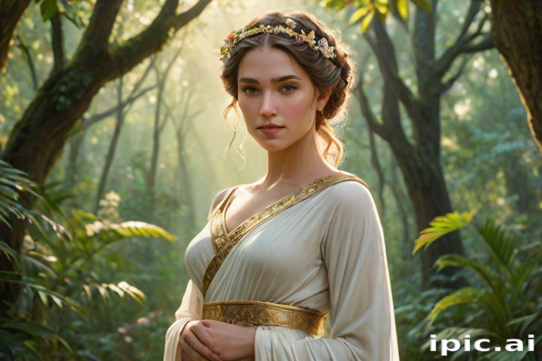 Create a portrait of a goddess-like female figure in a tranquil, forested environment. She has an elegant appearance with long, wavy hair styled in an updo and adorned with a delicate, floral headband. She wears a flowing, ancient Greek-inspired gown in a soft, pale color, featuring a one-shoulder design and draped fabric that accentuates her graceful form. The outfit includes a decorative belt with ornate gold detailing, and she holds a bow in her hand, with a quiver of arrows slung over her shoulder. The background depicts lush greenery, with sunlight filtering through the trees, casting a gentle, ethereal light on the scene. Her expression is calm and contemplative, embodying a sense of wisdom and serenity.