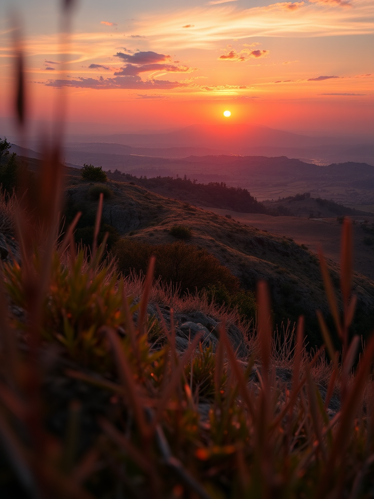 Capture a high-resolution image of a serene landscape with a vibrant sunset, using a Canon EOS R5, 35mm lens, aperture f/8, ISO 100, and a low-angle view, ensuring rich colors and sharp details.