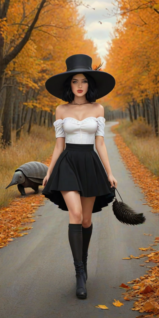 digital art fantasy depicting a strange girl with black hair, long eyelashes, orange lipstick and a tall hat walking along a winding road on an autumn afternoon, an armadillo smiles as he passes