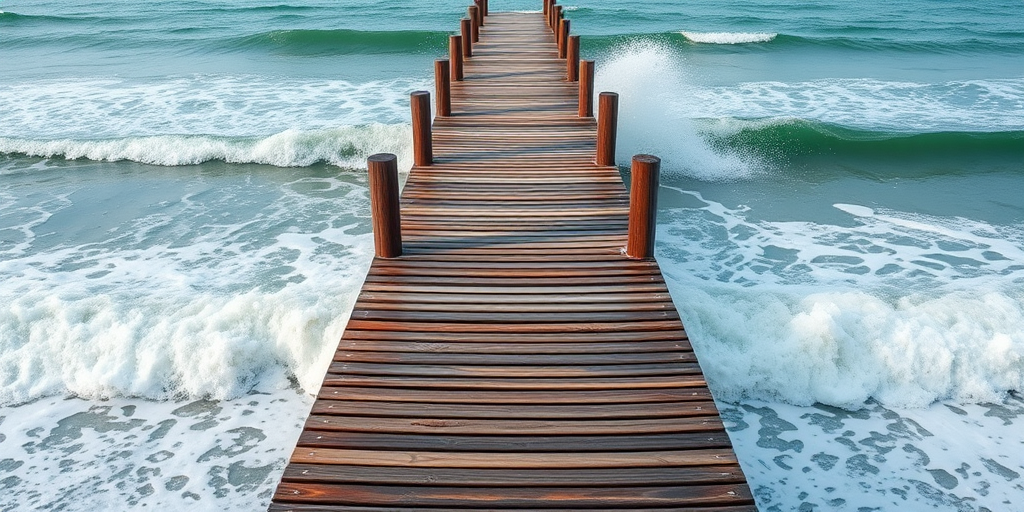 Generate a high-resolution image of a wooden pier extending into the sea with waves crashing against it, using a Canon EOS 5D Mark IV, 50mm lens, aperture f/8, ISO 100, natural light, and a shallow depth of field for added focus on the water splashes.