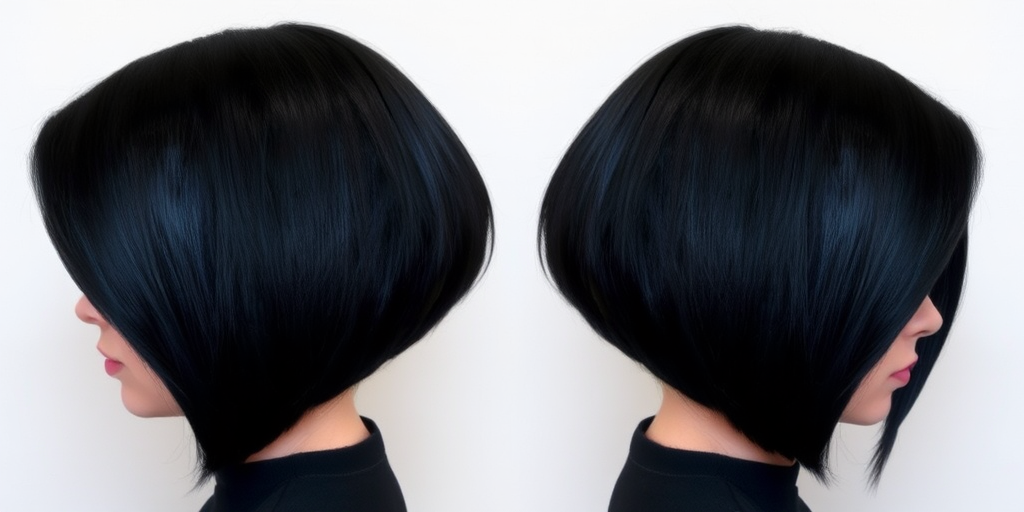 Sleek jet-black bob cut in the "Midnight Precision" style features a razor-sharp asymmetrical line, accented with electric blue underlights peeking through for added dimension