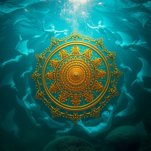 Create a mystical underwater scene of a golden mandala surrounded by swirling cosmic waves and ethereal figures, shot with a Canon EOS 5D Mark IV using a 24-70mm f/2.8 lens, aperture set to f/8, ISO 100, at a 50mm focal length, with a low angle view to emphasize the grandeur of the architecture and vibrant colors.