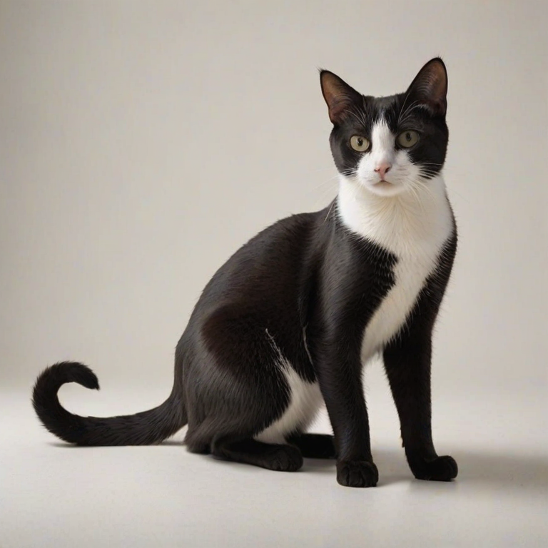 neutral background, with its body low to the ground, diffused light catches the curve of its back and the crisp contrast of its white chest, Imagine a black cat with a crisp white chest standing attentively on a smooth, Imagine a distinguished black cat, light-toned floor, contrasting sharply against its dark coat. The ears are perked up, white background