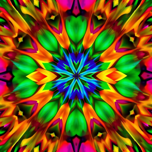 Create a high-resolution image of an abstract geometric pattern with vibrant colors in a symmetrical design, captured at f/8 aperture, ISO 100, shutter speed 1/125s, using a DSLR camera from a top-down view with soft lighting for even distribution.