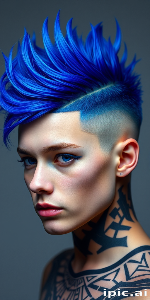 Striking portrait highlighting Electric Cobalt strands, a vibrant blue hue in a mohawk style with shaved sides and intricate geometric patterns
