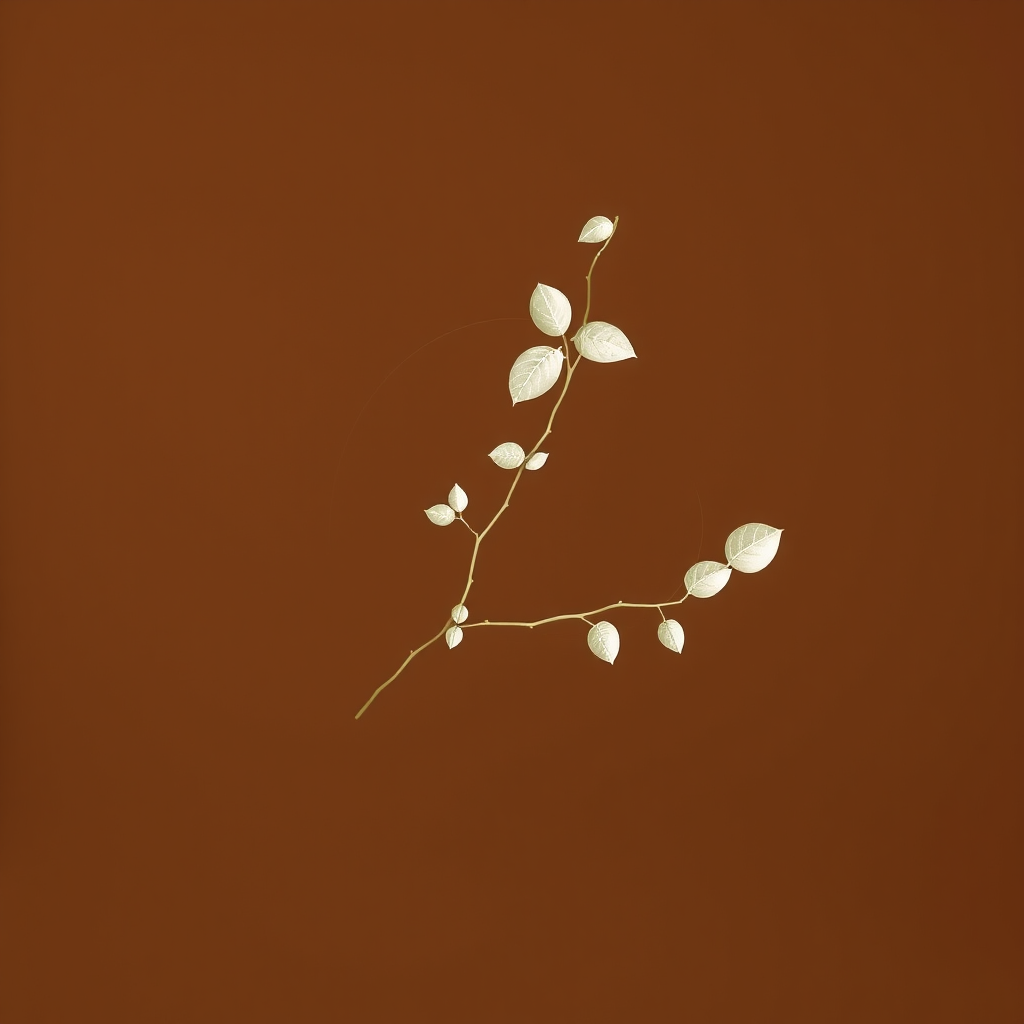 Create a minimalistic illustration of a brown abstract shape with a delicate white vine and leaves, captured with a DSLR camera at f/2.8, 50mm lens, natural light, and a shallow depth of field for enhanced detail and softness.