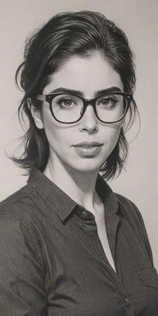 Sublime Sarah Silverman, pencil sketch, portrait of Sublime woman 1951s in glasses, hair style beatnik, outline, clear lines, fine lines, 8k