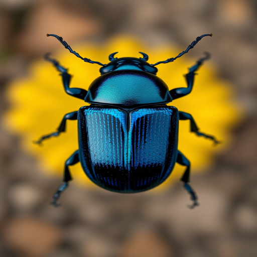 Create a highly detailed digital illustration of a vibrant blue and black beetle from a top-down view, using a 50mm lens with an aperture of f/2.8, ISO 100, and a shallow depth of field to enhance clarity and focus on the intricate patterns of the beetle's shell, rendered in a smooth, high-resolution vector style.