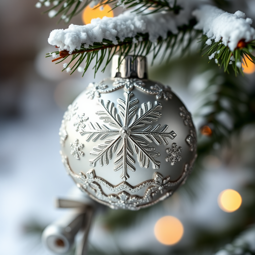 Create a highly detailed close-up of a beautifully designed silver Christmas ornament with intricate snowflake patterns and embellishments, hung on a snowy evergreen branch, soft bokeh background, use a DSLR camera, 50mm lens, aperture f/1.8, ISO 100, shutter speed 1/200s.