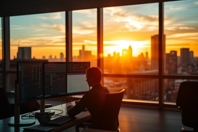 A professional office scene at sunset with a person working at multiple computer screens, city skyline visible through large windows, depth of field focus on the individual, shot with a Canon EOS R5, 35mm lens, f/1.8 aperture, ISO 200, 1/60s shutter speed, capturing warm tones and reflections for enhanced quality.