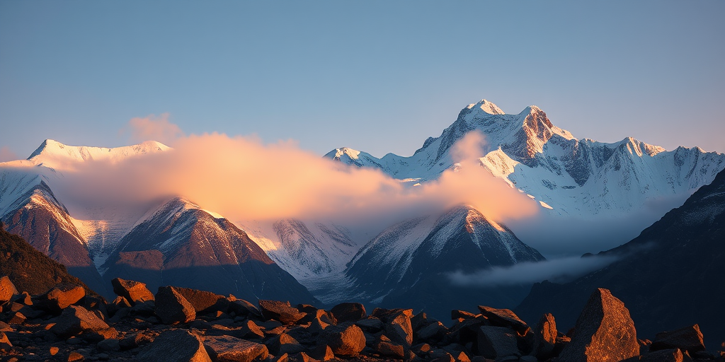 snow-covered mountain at dawn, mist rolling over peaks, rocky foreground, captured with a DSLR camera, ISO 100, aperture f/8, 15-second exposure, landscape view, golden hour lighting, high contrast, wide-angle lens