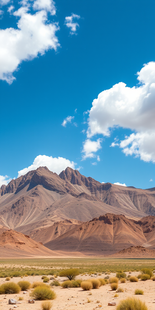 Generate a high-resolution landscape photograph of a rugged mountain range in a semi-arid environment under a bright blue sky with fluffy clouds, using a DSLR camera at 16mm focal length, f/8 aperture, ISO 100, with a wide-angle view and soft natural lighting to enhance image quality.