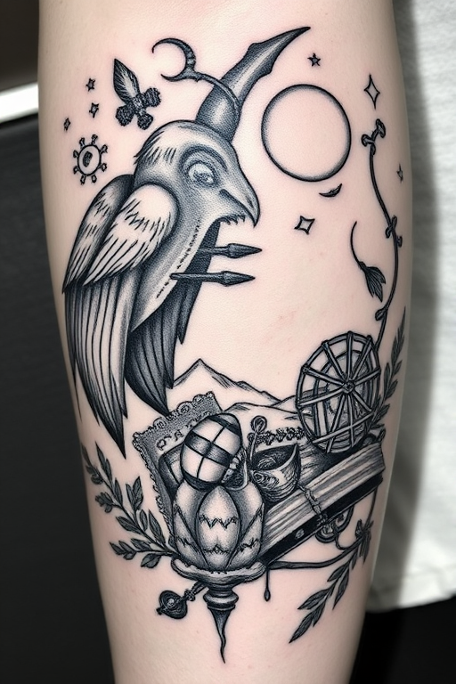 Illustrative black and gray tattoo named "Storyteller's Ink" depicting a narrative scene with intricate details and shading, resembling a page from a vintage storybook with hidden Easter eggs and symbolic elements throughout