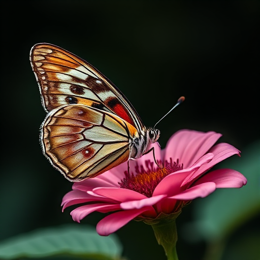 Generate an image of a butterfly with intricate patterns resting on a pink flower, with a softly blurred dark background.