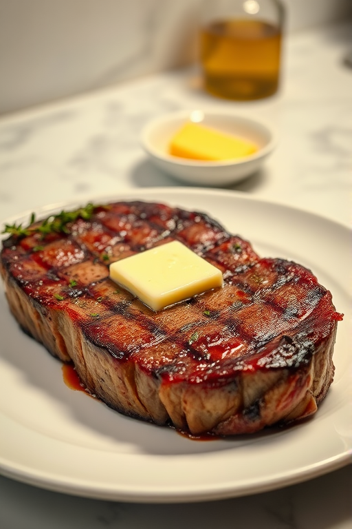 Create an image of a perfectly seared ribeye steak, resting on a white plate with a pat of melting butter on top. The steak is seasoned with fresh herbs like thyme and parsley, with glistening juices highlighting the texture of the meat. The background features a soft focus on a light, marble countertop, with a small dish of butter and an olive oil bottle in the distance. The overall mood should be warm and inviting, capturing the deliciousness and juiciness of the steak.