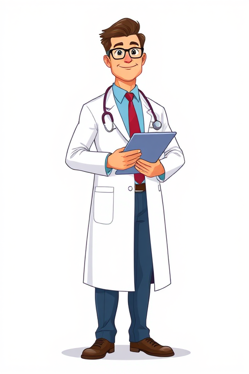 Create a digital illustration of a male doctor standing upright, wearing a white lab coat, holding a clipboard, with a light blue shirt and a red tie, in a cartoon style, use a vibrant color palette, enhance with soft shadows and highlights, capture in a 3D style, using a wide-angle view, with high resolution settings (4000x4000), and ensure it has a clean, professional look.