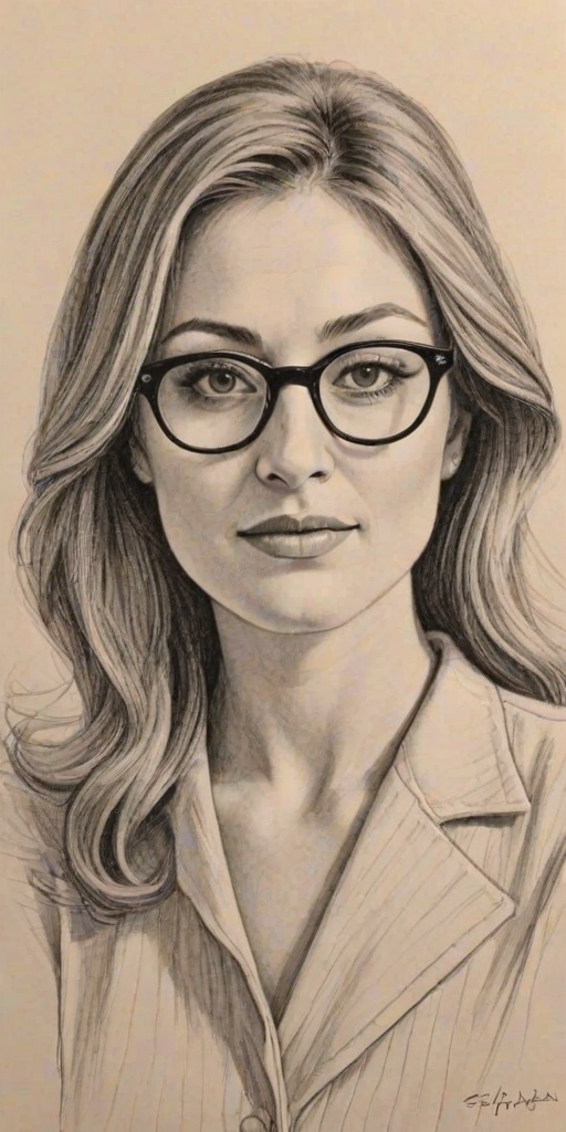 Graceful Sasha Alexander, pencil sketch, portrait of Fetching woman 1942s in glasses, hair style beatnik, outline, clear lines, fine lines, 8k