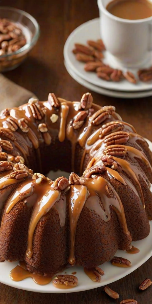 Create a delicious bundt cake topped with a glossy caramel glaze and sprinkled with chopped pecans. The cake should have a rich golden-brown color and a smooth, shiny finish. Place the cake on a white plate, showcasing its moist texture and the glistening topping.