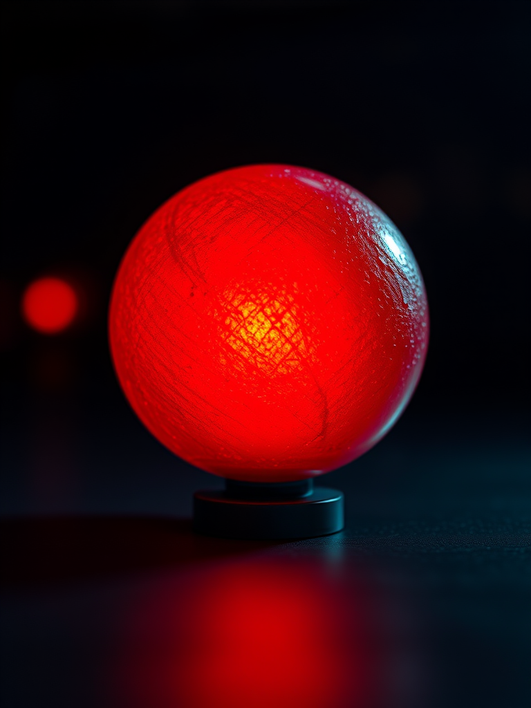 create a highly detailed, glowing red sphere with a textured surface, soft focus background, 50mm lens, aperture f/2.8, ISO 100, shot in a dark environment with dramatic lighting, using a DSLR camera