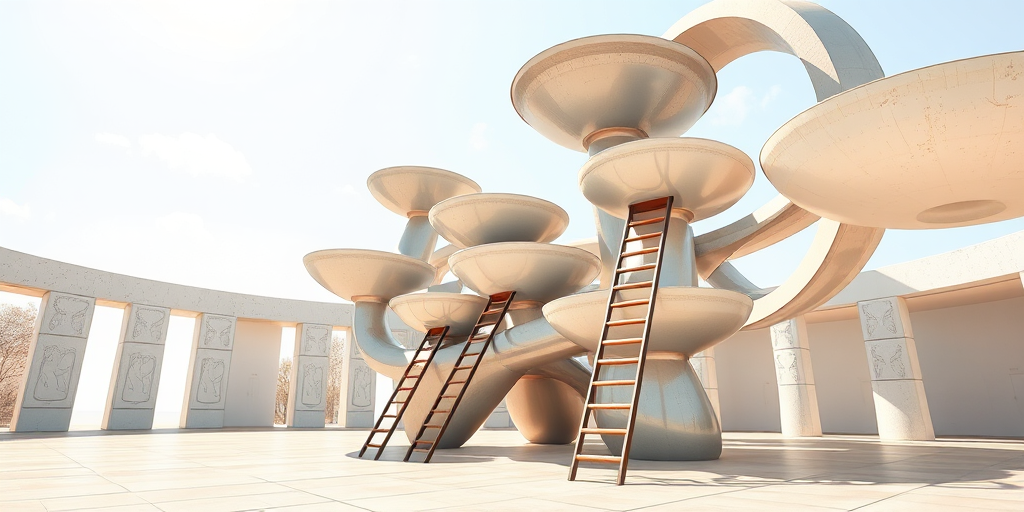 Create a high-resolution vector illustration of an abstract sculpture with interconnected bowls and ladders, using a wide-angle lens, f/8 aperture for depth of field, 1/250 shutter speed, in bright daylight with soft shadows to enhance clarity and detail, in a digital illustration style.