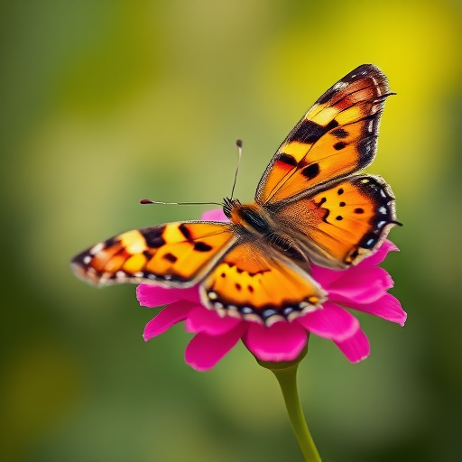 Generate an image of a butterfly resting on a vibrant pink flower. The butterfly should have orange wings with black and yellow patterns, showcasing its detailed textures. The background should be softly blurred to highlight the butterfly and the flower.