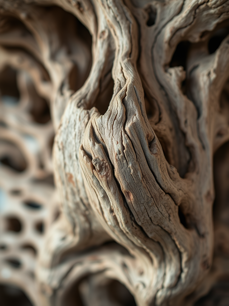 regenerate a close-up of a weathered driftwood sculpture with intricate textures and patterns, natural earthy tones, soft diffused lighting, shallow depth of field, taken with a DSLR camera at f/2.8, 50mm lens, ISO 100, and a slight tilt to capture the angles of the wood.