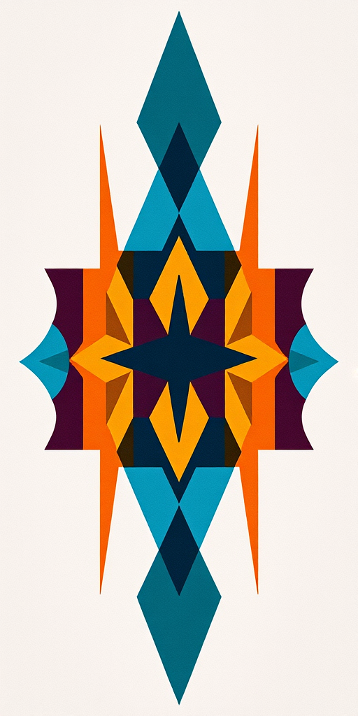 Generate a high-resolution image of a stylized abstract design featuring geometric shapes and vibrant colors, captured with a DSLR camera, 50mm lens, f/1.8 aperture, ISO 100, soft natural lighting, and a slightly overhead angle.