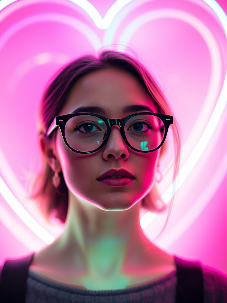 regenerate the image of a person with glasses styled against a vibrant heart-shaped neon light background, using a DSLR camera with a 50mm lens, aperture set to f/1.8, ISO 200, shutter speed 1/125s, natural light combined with neon light, portrait view, dreamy and soft focus effect to enhance quality
