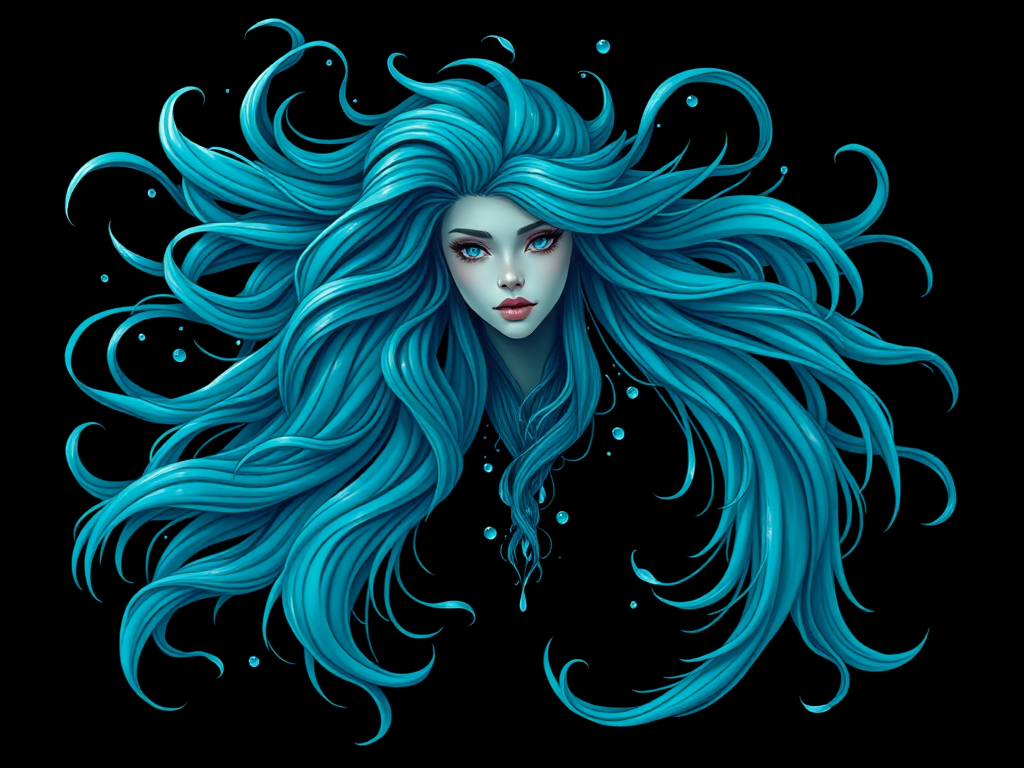 Create a detailed illustration of a mystical Aquarius figure with flowing hair and water elements, using a vibrant turquoise color palette, deep black background, high resolution, shot with a DSLR camera at f/1.8, ISO 100, 50mm lens, top-down view, soft lighting for a glowing effect.