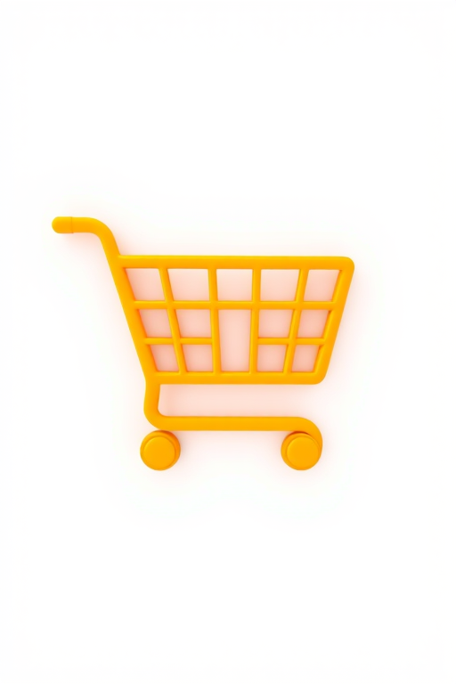 Create a high-resolution image of a shopping cart icon in bright orange color with a transparent background, using a DSLR camera, aperture f/4, ISO 100, 50mm lens, top-down view, soft natural lighting.