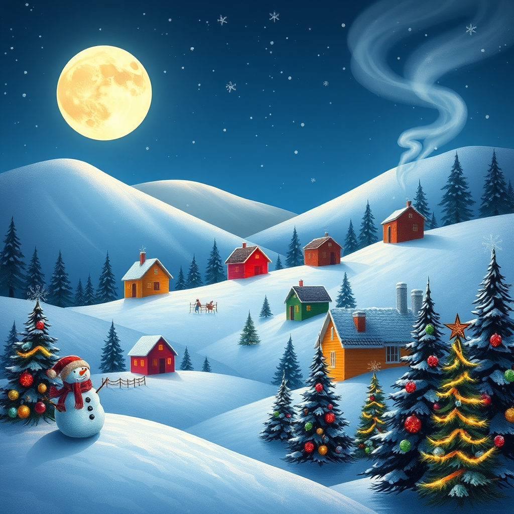 Generate a winter landscape scene featuring colorful houses nestled among snowy hills. Include cheerful snowmen wearing hats and scarves, decorated Christmas trees, and a bright full moon in the night sky. Add gentle snowflakes falling and a cozy smoke rising from the chimneys.