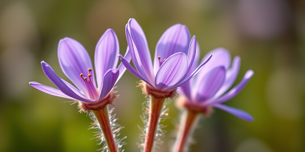 photograph three purple flowers with fuzzy stems, shallow depth of field, natural light, macro lens, DSLR camera, f/2.8, 1/200s, ISO 100, focus on flower details, soft blurred background