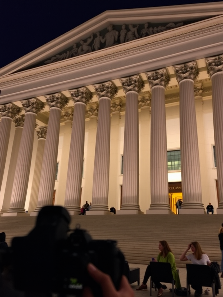 Capture the exterior of a grand building with tall columns at night, featuring people sitting and interacting, using a DSLR camera with a 50mm lens, aperture set to f/1.8 for a shallow depth of field, ISO 800, and a shutter speed of 1/60 seconds for optimal night exposure.