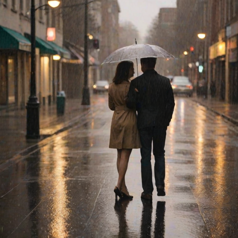 Blurry candid shot of a couple sharing an umbrella in a light drizzle, soft golden light from nearby street lamps casting long shadows on the wet pavement, with distant cars passing by in the background.