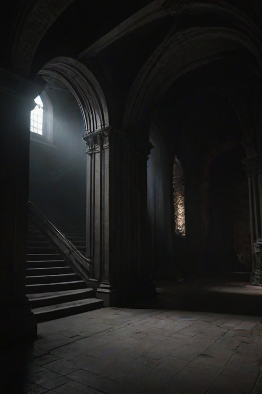 a dark underground space with majestic architecture