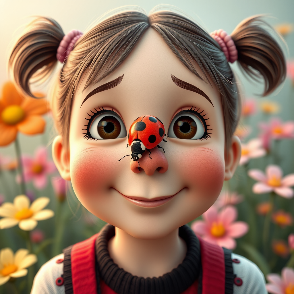 whimsical comical cartoon art Quentin Blake style, closeup portrait view of a cute girl with two ponytails in her hair, an adorable ladybug sits on her nose, funny children’s book illustration with bright colors and flowers in the background