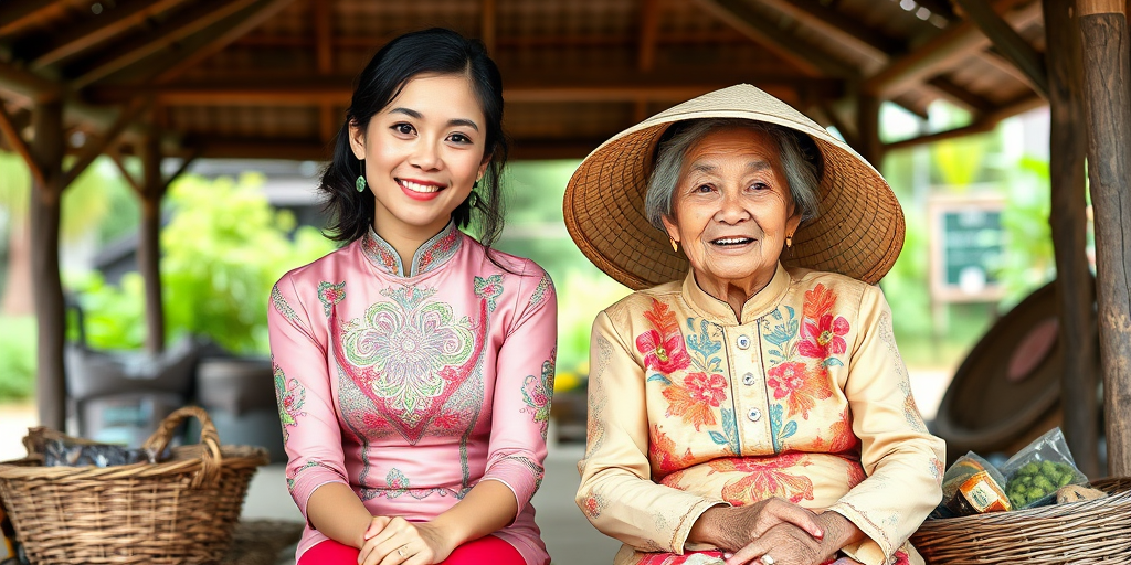 A young woman in a traditional Vietnamese Ao Dai and a smiling elderly woman wearing a conical hat, sitting together under a wooden structure with baskets of goods beside them.
