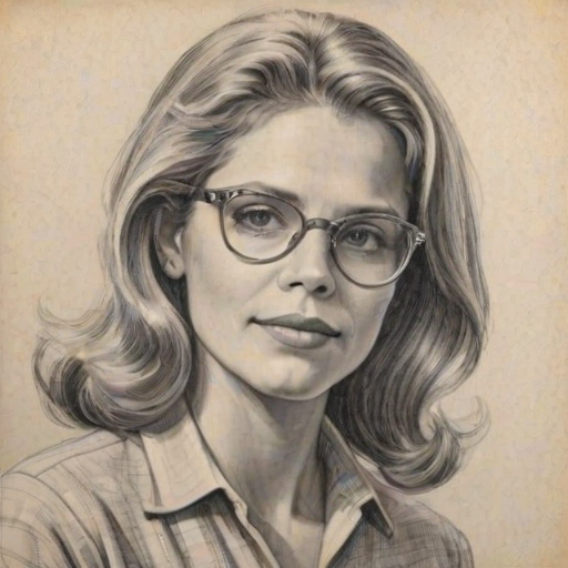 Appealing Lindsay Wagner, pencil sketch, portrait of Splendid woman 1945s in glasses, hair style beatnik, outline, clear lines, fine lines, 8k