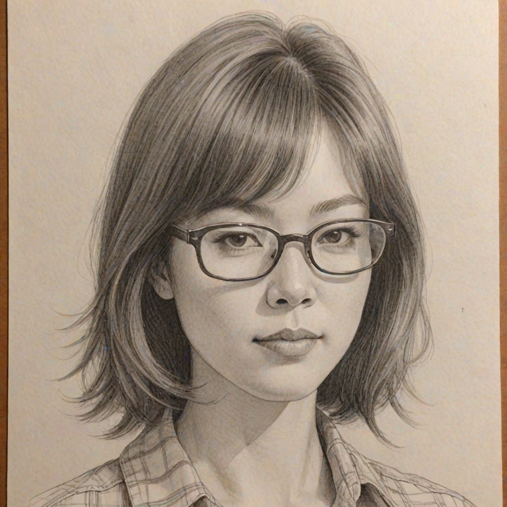 Captivating Cathy Ang, pencil sketch, portrait of Pleasing woman 1972s in glasses, hair style beatnik, outline, clear lines, fine lines, 8k