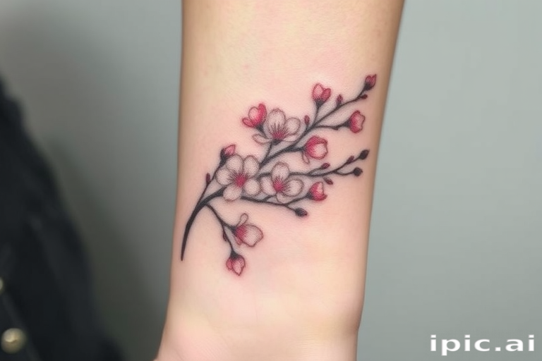 Delicate fine line tattoo of a blooming cherry blossom branch wrapping around the wrist, incorporating soft pink and white hues with subtle gray shading, emphasizing minimalist elegance and botanical precision