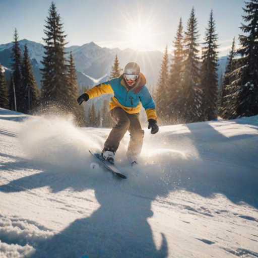 Blurry action shot of a snowboarder mid-air, snow flying up around them, intense concentration on their face, distant mountains and trees visible below, sunlight reflecting off the snow, a group of friends cheering from the slopes.