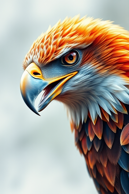 Create a highly detailed watercolor illustration of a majestic eagle with vibrant orange, red, and blue feathered plumage, capturing its intense gaze, with a soft-focus background, using a Canon EOS R5, 50mm lens, f/1.8 aperture, ISO 100, and shot at 1/200 sec to enhance depth and clarity.