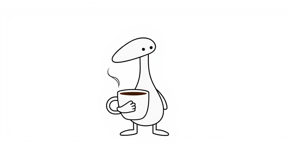 A simple cartoon character with a long oval head and a neutral expression holding a steaming cup of coffee with one hand while the other hand is positioned near its body, drawn in a minimalistic black line style against a plain white background.
