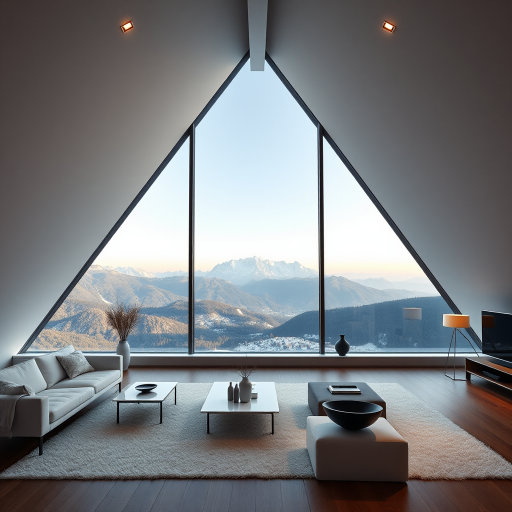 Interior of a modern loft-style living room with large triangular windows overlooking mountains, featuring minimalist furniture in white and black, warm ambient lighting, high dynamic range, shot with a DSLR camera, 35mm lens, aperture f/2.8, ISO 100, and a wide-angle view.
