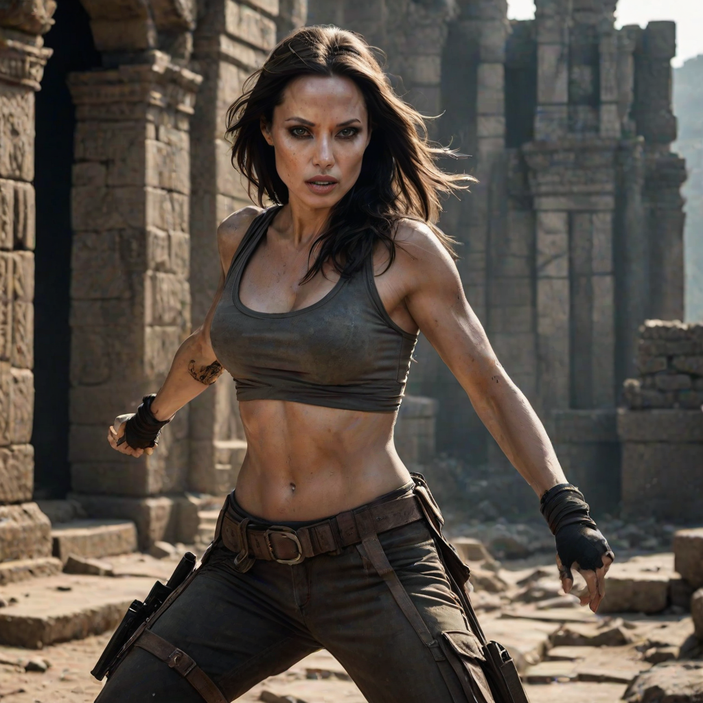 Fierce "Angelina Jolie" action pose, long dark hair in motion, determined expression, Tomb Raider inspired outfit, ancient ruins background, dramatic backlighting, smokey eye makeup, athletic physique